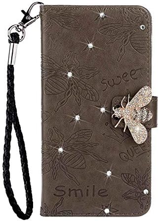 Huawei P30 Lite Case Glitter Shiny PU Leather Cover for Huawei P30 Lite, Reevermap Flip Handmade Rhinestone Bling Crystal Magnetic Wallet with Embossed Bee Kickstand, Grey