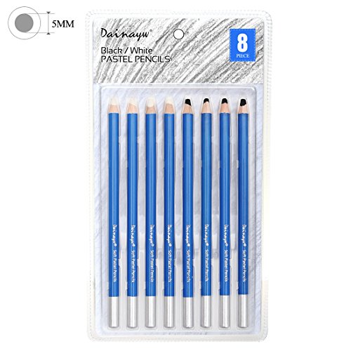 Pastel White Black Pencils,5mm Core,8 Piece Soft Sketch Pencils Set for Artist Drawing, Blending