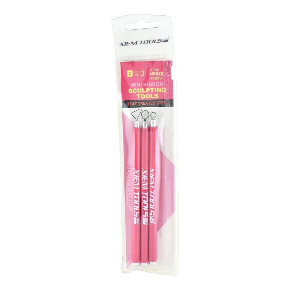 XiemTools USA Mini Ribbon Sculpting Tools, Heat Treated Steel, Set B Includes 3 Tools with Pink Handles (MRS3B-10290)