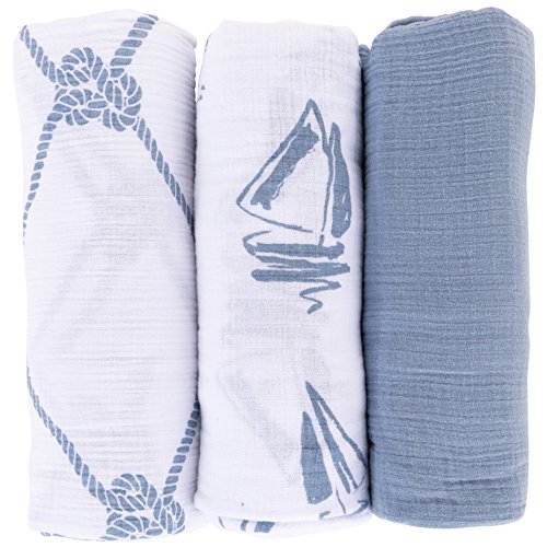 Cotton Muslin Swaddle Blanket 3 Pack 47" x 47" - Dusty Blue Nautical Print - Thumbnail 2