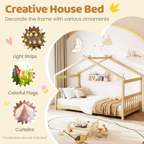 GORELAX Twin Bed Frame, Low Floor Kid House Bed with Roof, Montessori Floor Bed, Headboard & Footboard, No Box Spring Needed, Wood Twin Size Platform Bed Frame for Boys, Girls (Natural, Twin)