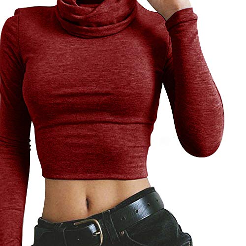 Quartly Womens Solid Long Sleeve Turtleneck Stretch Sexy Bottoming Leotard Tops(Red,L2)