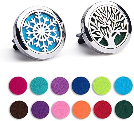 2PCS Car Air Freshener Aromatherapy Essential Oil Diffuser Vent Clip Stainless Steel Locket with 12 Felt Pads (Tree of life + Snowflake)