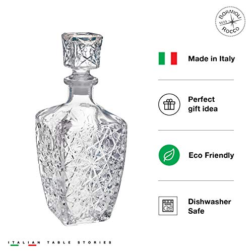 Bormioli Rocco Dedalo Whiskey Gift Set – Sophisticated 26.25oz Diamond Decanter & 6 Etched 8.75oz Whiskey Glasses With Sparkling Star-Cut Detailing – For Whiskey, Bourbon, Scotch & Liquor
