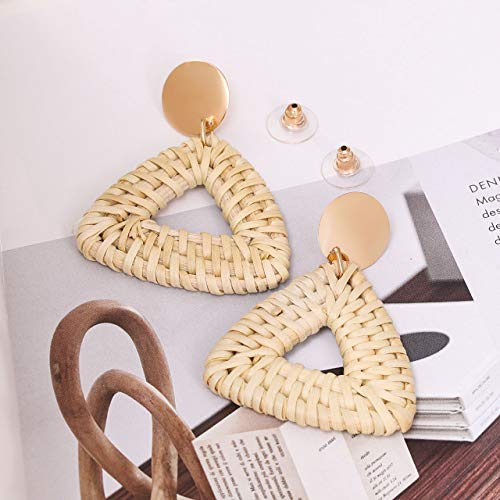 CEALXHENY Rattan Earrings for Women Handmade Straw Wicker Braid Drop Dangle Earrings Lightweight Geometric Statement Earrings (C Triangle)