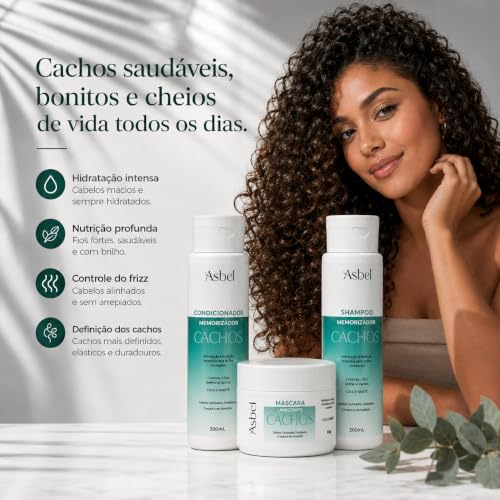 Asbel Kit Cachos Professional Shampoo, Condicionador e Máscara 300ml | Definição Prolongada, Hidratação Intensa com Aloe Vera e Óleo de Abacate, Ativador de Cachos, Antifrizz