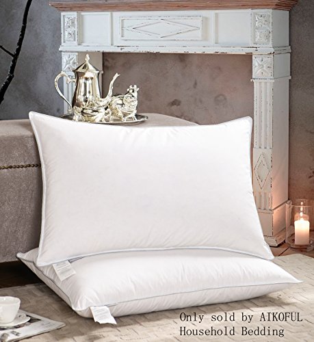 AIKOFUL Goose Down Feather Pillows for Sleeping,Queen Size 2 Pack, Firm White Goose Down and Feather Bed Pillow,Cotton Cover with Fashionable Piping