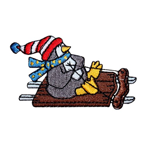 ID 8200A Penguin Riding Sled Patch Winter Playing Embroidered Iron On Applique