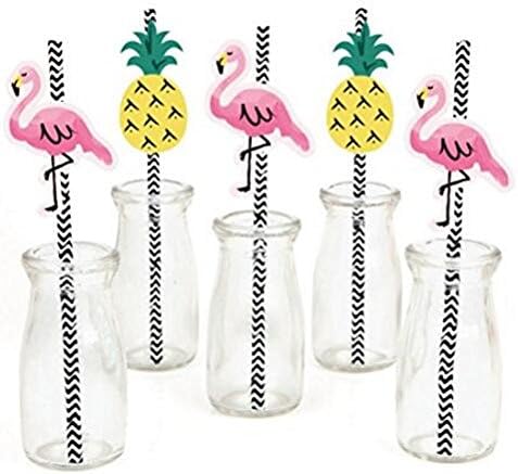 Flamingo Paper Straw Decor - Party Like a Pineapple - Striped Decorative Straws - Set of 24 by Horis