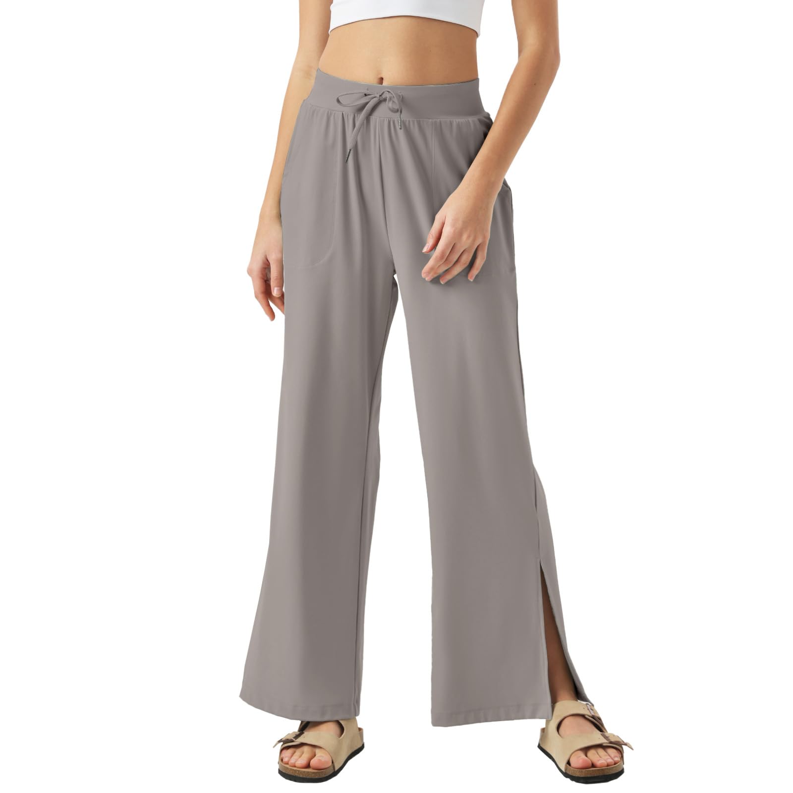 Photo 1 of 26"/28"/30" Inseam Womens Wide Leg Sweatpants Petite High Waist Summer Pants UPF50 Lightweight Beach with Pocket Split Leg