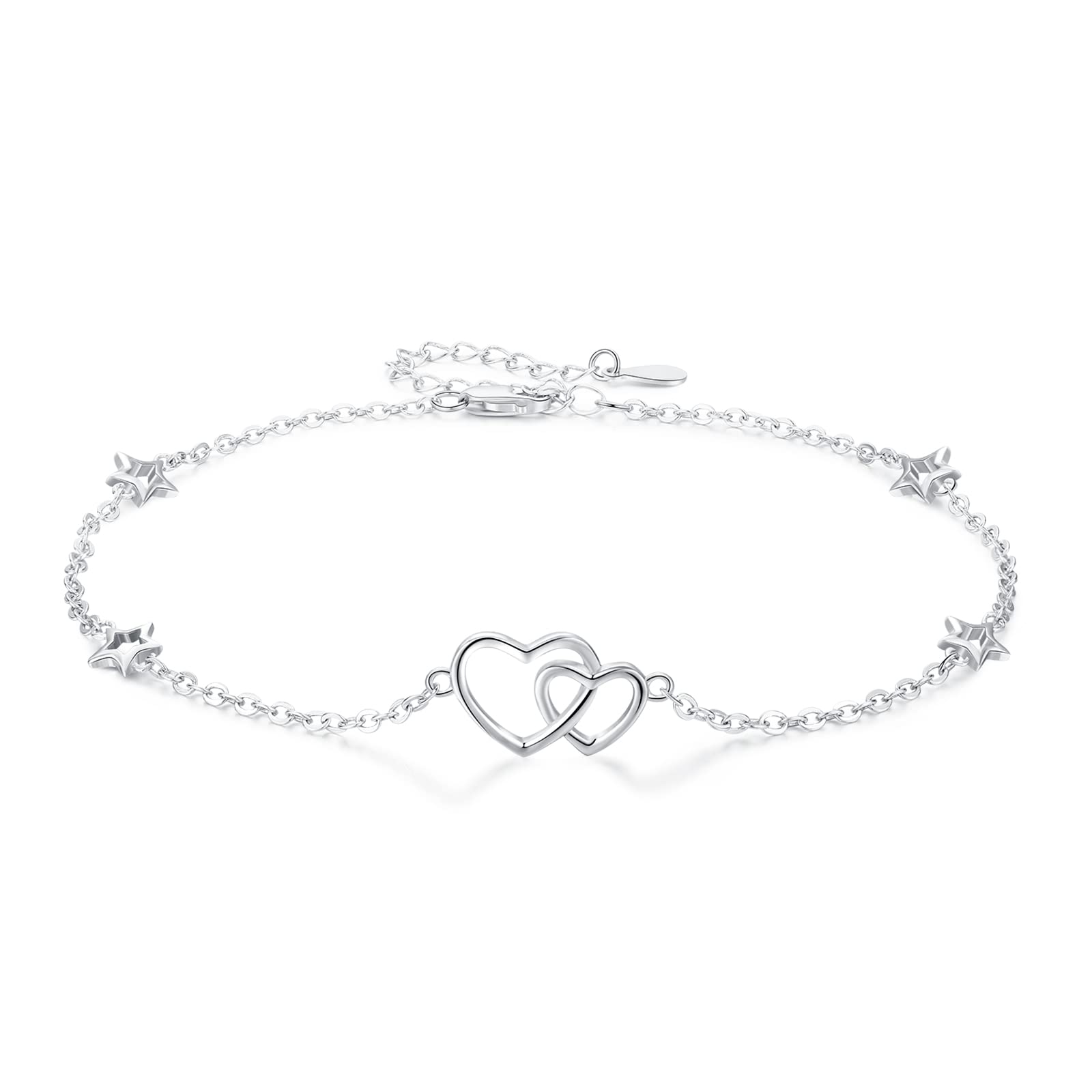 REDSUN Love Heart Ankle Bracelet for Women 925 Sterling Silver Ankle Bracelet Adjustable Silver Heart Anklet Double Heart Anklet Bracelet Jewellery Gift for Women