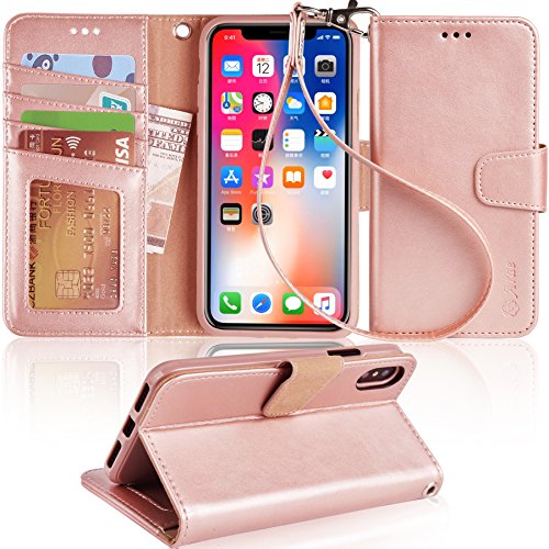 Arae Case for iPhone X/Xs, Premium PU Leather Wallet Case [Wrist Straps] Flip Folio [Kickstand Feature] with ID&Credit Card Pockets for iPhone X (2017) / Xs (2018) 5.8 inch (not for Xr) - Rose Gold (Best Id From Id God)