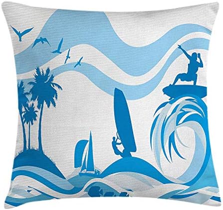ZHIZIQIU Aquatic Throw Pillow Cushion Cover, Surfer on Waves Water Sports Recreation Palms Sea Sailboats Summertime Holiday, Decorative Square Accent Pillow Case, 18 X 18 inches, Blue Light Blue