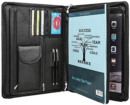 Cowhide Portfolio Handmade Padfolio Genuine Full Litchi Grain Leather Organizer Business Card Holder Office Conference Briefcase Case Zippered A4 Folder for iPad 4 Retina/iPad 3/2 (Black)