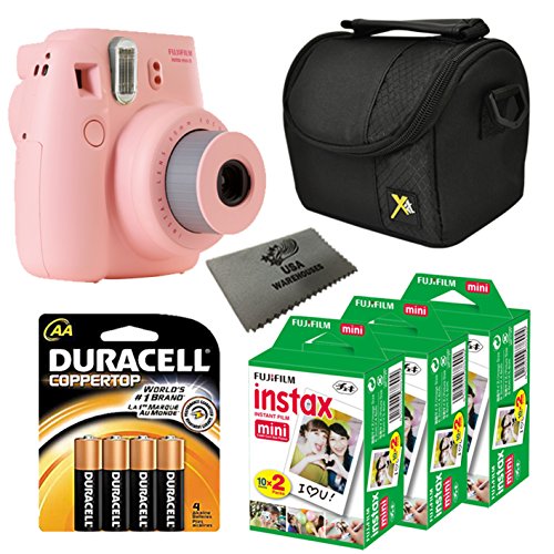 Fujifilm Instax Mini 8 Film Camera with 3-Pack Instant Film, Case, Pack of AA Batteries and Lens Cleaner Cloth, Pink