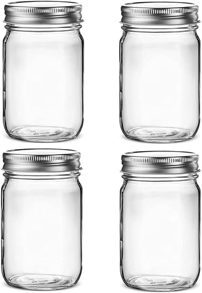 Hniuyun 4 Pack 16 oz Glass Mason Jars with Silver Lids, Regular Mouth