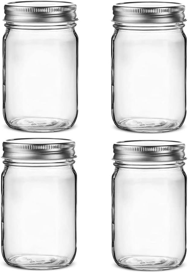 Hniuyun 4 Pack 16 oz Glass Mason Jars with Silver Lids, Regular Mouth