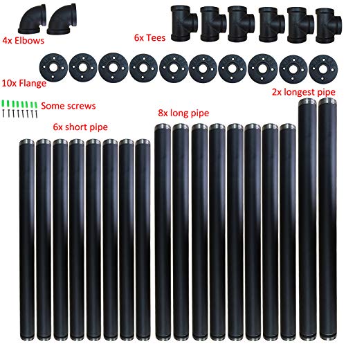 Yuanshikj 2Pc (56" Tall) (12" deep) Industrial Wall Mount Iron Pipe Shelf Shelves Shelving Bracket Vintage Retro Black Open Bookshelf Bookcase DIY Storage Office Kitchen (2 Pcs 4Tier Hardware only) - Thumbnail 2