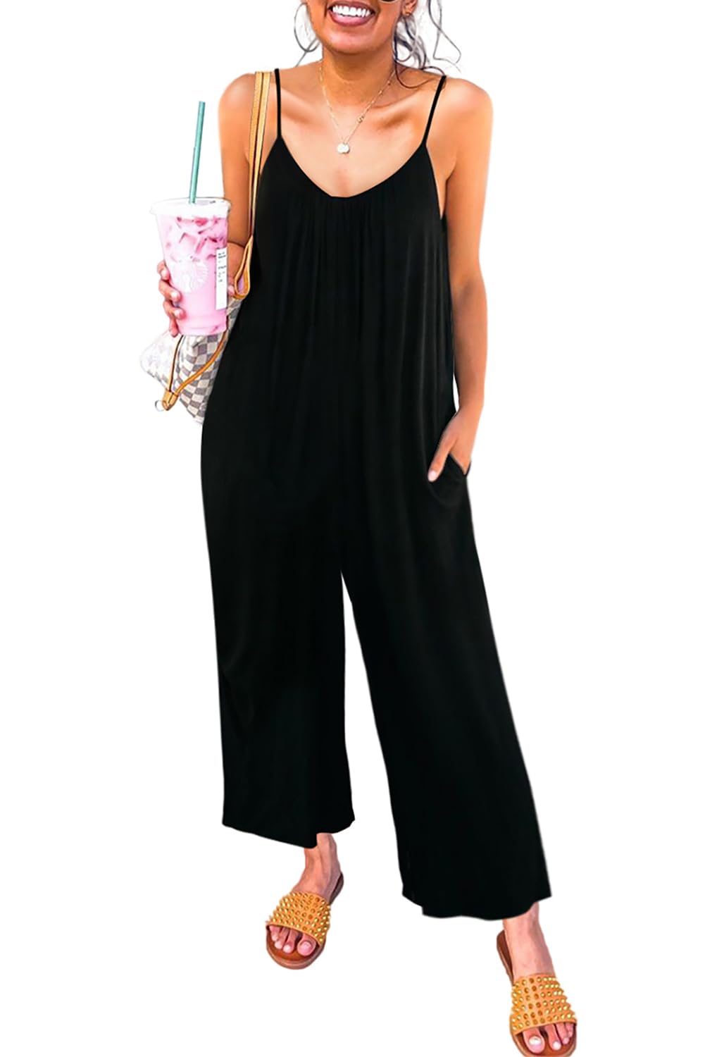 Photo 1 of Happy Sailed Jumpsuits for Women Spaghetti Strap Wide Leg Long Pants Rompers One Piece Jumpsuit Stretchy Baggy Overalls Summer Sleeveless Vacation Outfits Medium A Black