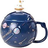 GawmFoiuy 13 Oz Astronaut Mugs with Lid and Spoon Planet Ceramic Mug,Mugs for Tea, Coffee,Birthday Gifts for Parents And Friends.Space Mug(Deep Blue)