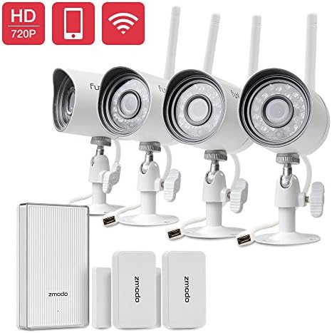 Funlux Wireless 720P HD Outdoor Day/ Night Security Camera (4 Pack) with Beam Wifi Extender Hub and 2 Pack Door/Window Sensors