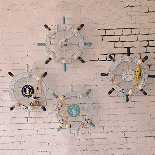 DierCosy Nautical Beach Wooden Boat Ship Steering Wheel Fishing net Shell Home Wall Decoration White Fish