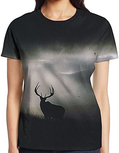 FJPUTAIN Women's Crew Neck Casual T Shirt Deer In The Forest Comfort Soft T-Shirt Short Sleeves Creative 3D Printed Graphic
