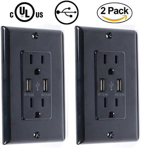 [2 Pack] 2.4A/5V USB Outlet Black, Anteer Dual USB Wall Outlet 15A/125V Receptacle Smart High Speed USB Charger Socket Electrical Outlet USB Wall Plate with Screw (Black 2 Pack)