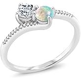 Gem Stone King 10K White Gold Forever United 2 Stone White Topaz and White Simulated Opal and Diamond Engagement Ring For Women (0.75 Cttw, Round)