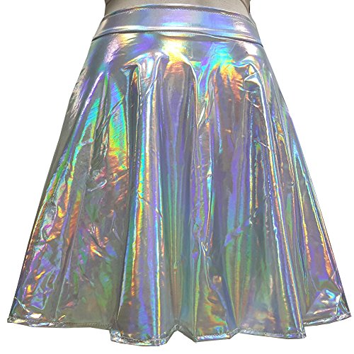 Pinda Summer Holographic High Waisted Flare Skater Skirt (XL, silver)