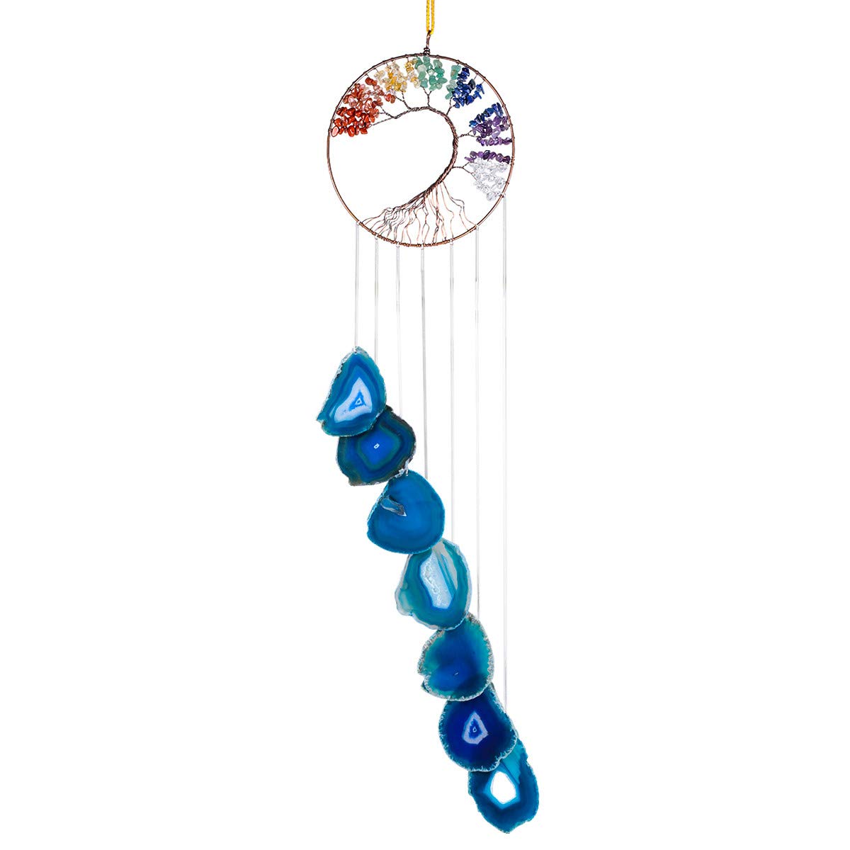 KYEYGWO 7 Chakra Healing Crystal Wall Hanger Ornament Handmade Tree of life with Blue Agate Slice Wind Chime for Window Home Wedding Souvenir Decoration