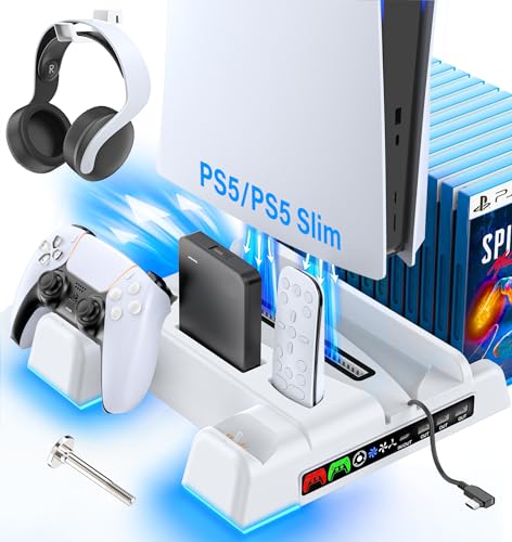 PS5/Slim Stand and Cooling Station with LED Controller Charging Station for PS 5 Console, Controller Charger, Cooling Stand, PS5/Slim Accessories Kit with 3 Level Cooler Fan