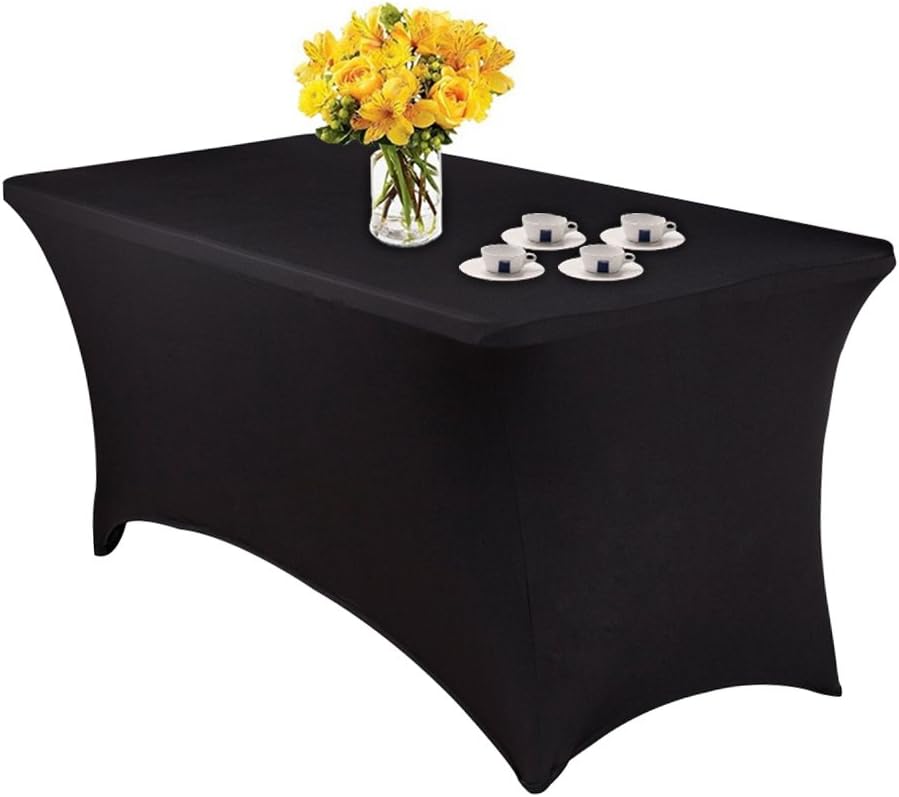 Librao Spandex Stretch Table Cover Black Rectangular Tablecloth for 6ft Foot Wedding Banquet Trestle Table