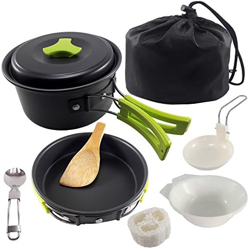 VEOLAND Camping Cookware Mess Kit Compact Lightweight Aluminum Pots and Pans Campfire Cooking Gear Set for Outdoor Backpacking Hiking, 10 Pcs