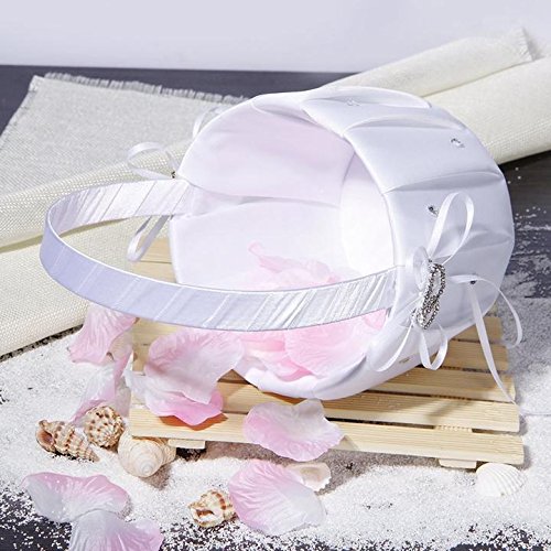 Danyoun Satin Wedding Double-Heart Rhinestone Decor Flower Girl Basket, Wedding Faux Diamond Heart Decor Petals Storage Flower Girl Carry Basket, Ceremony Party Flower Girl Basket White