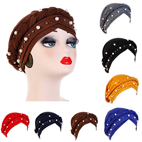 Fxhixiy Women Hijab Beading Pearl Braid Turban Hat Head Scarf Cancer Chemo Beanies Bandana Headwrap Cap (Brown)