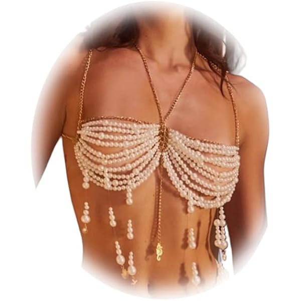 Multi-layered pearl body chain, body jewelry, rose gold-tone accents and tassel Pearl Body Chain Necklace for Women, Adjustable Multi Layer  main image 4