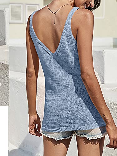 AMARMIA WOMEN’S V NECK KNIT TANK TOPS LOOSE FIT CASUAL SUMMER SLEEVELESS SOLID TRENDY SWEATER VEST BLUE