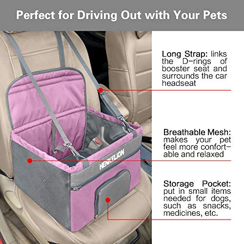 Henkelion Pet Dog Booster Seat, Deluxe Pet Booster Car Seat for Small Dogs Medium Dogs, Reinforce Metal Frame Construction, Portable Waterproof Collapsible Dog Car Carrier with Seat Belt - Pink