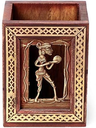 Keshav Handicrafts Wooden Pen Stand with Unique Famous Brass Dogra Artwork. Solid Wood Desk Pen Pencil Holder Stand Spoon Stand,Spoon Holder,Desk Top Holder|Office Table Pen Stand || Pen Holder