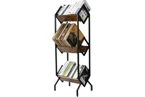 Hadulcet 3 Tier Vinyl Record Storage Rack, 150-200 LP Storage Shelf, Mobile Record Display Holder for Albums, Organizer for Magazines, Books and Files, Vinyl Record Stand with 3 Dividers, Rustic Brown