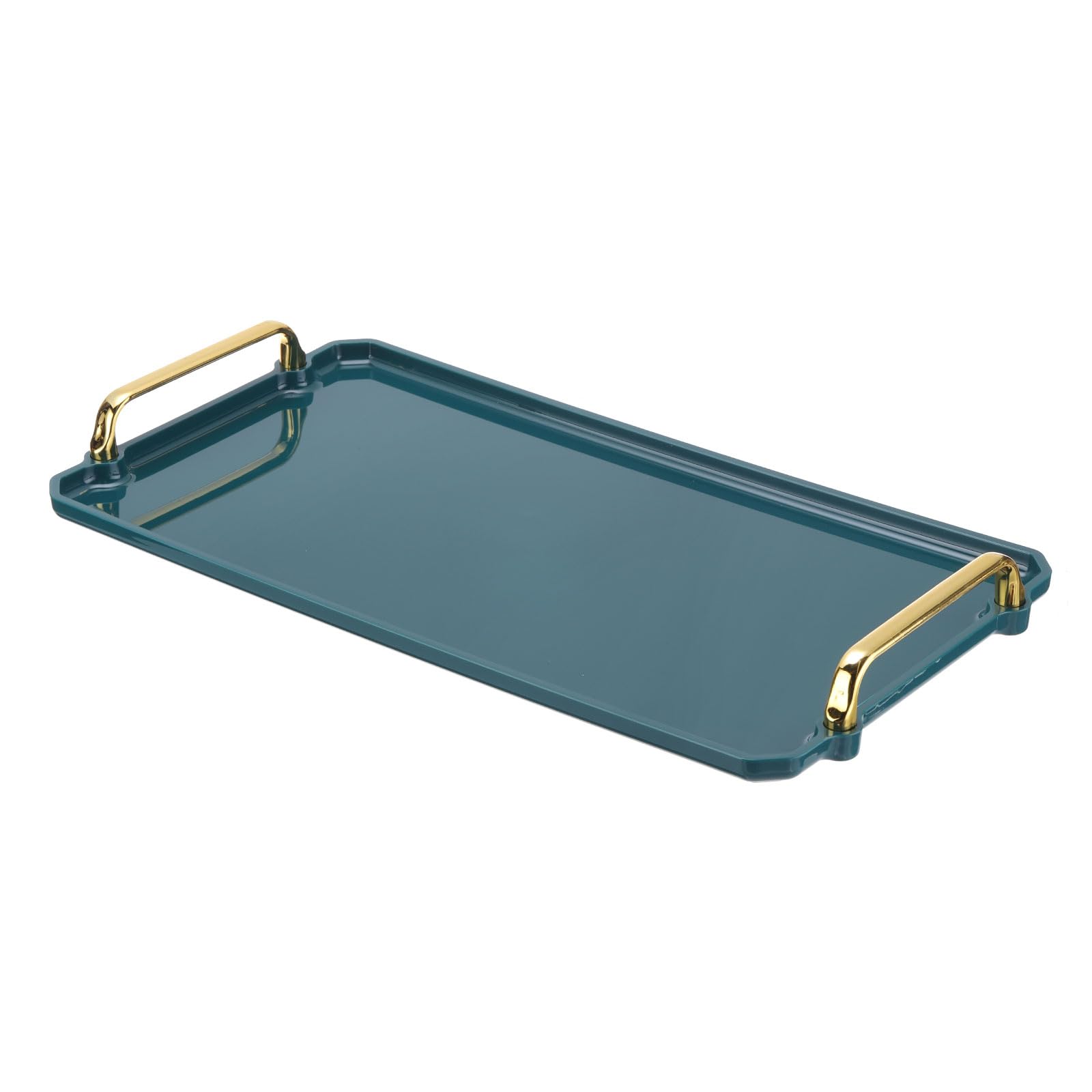 PATIKIL 16.1 x 8.7 Inches Plastic Serving Tray with Golden Handles, Reusable Tray Rectangular Party Platters for Dessert Coffee Tea Table, Living Room Kitchen Countertop, Dark Green