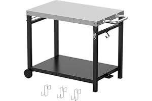 LS'BABQ Outdoor Grill Table, Pizza Oven Stand, BBQ Prep Table with Wheels & Hooks, Stainless Steel Flattop Grill Cart, Movable Dining Grilling Table