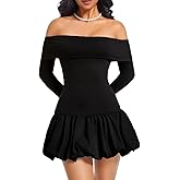ChiaoLezhee Drop Waist Bubble Dress, Off Shoulder Mini Dresses for Women, Going Out Date Night, Homecoming Party Long Sleeve