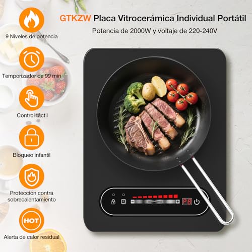 GTKZW Portable Ceramic Hob 2000W, Electric Stove 1 Fire 36 cm | Double Ring with 9 Power Levels and Timer, Compatible with All Utensils, for Camping and Small Kitchen