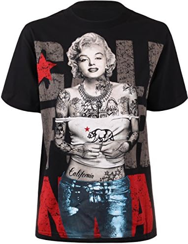 KOOLDO Womens Unisex Crew Neck Tattooed Marilyn Monroe Graphic Tee-M-BLACK