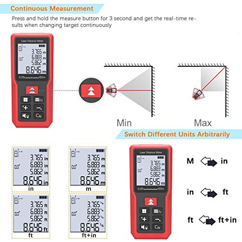 Emarth Laser Measure 196Ft/60m, M/In/Ft Mute Backlit LCD Laser Distance Meter with Electronic Angle Sensor, Electric Meter Tool, Measuring Distance, Area, Volume - Thumbnail 3