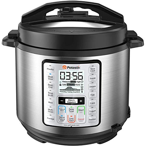 Potastic 6Qt 10-in-1 Programmable Electric Pressure Cooker,LCD Display,Instant Cooking with Stainless Steel Pot, Multi-Cooker,Slow Cooker, Rice Cooker, Yogurt Maker, Egg Cooker, Saut, Steamer, Warmer