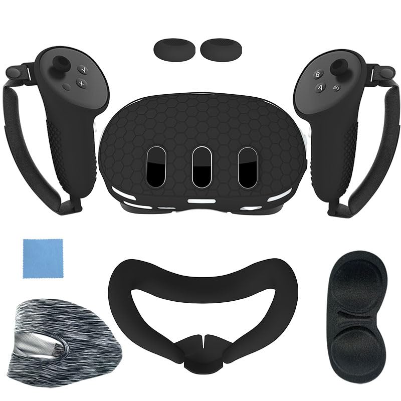Silicone Cover Set Compatible with Meta/Oculus Quest 3, VR Headset Shell Cover, Controller Grips, Facial Interface Cover, Protective Lens Cover (Black)