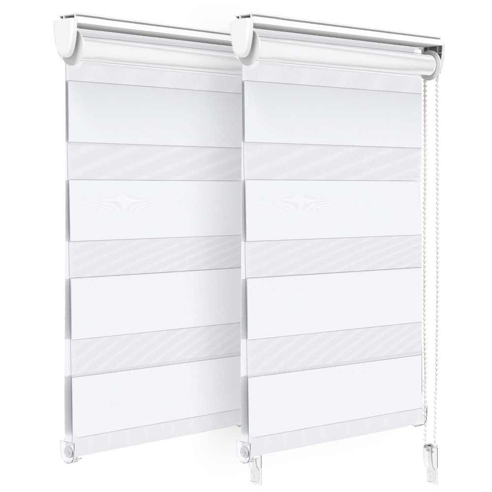 VOUNOT® Set of 2 Day and Night Blinds No Drill, Zebra Roller Blinds for Windows, Double Layer Translucent and Blackout Fabric, Easy Installation Window Shades, White, 45 x 150 cm